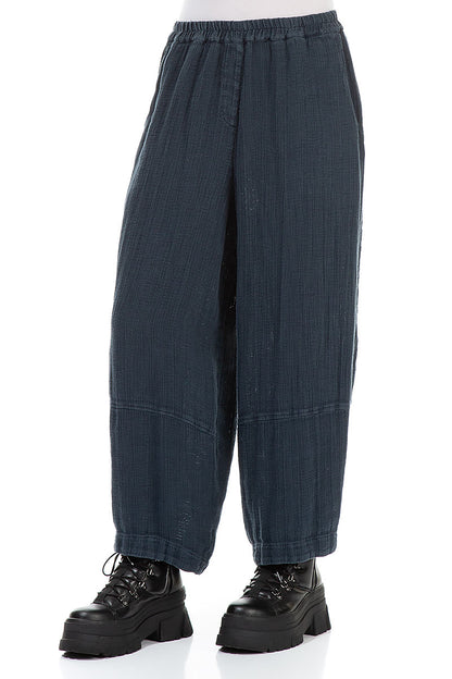 Loose Midnight Blue Textured Linen Trousers 3
