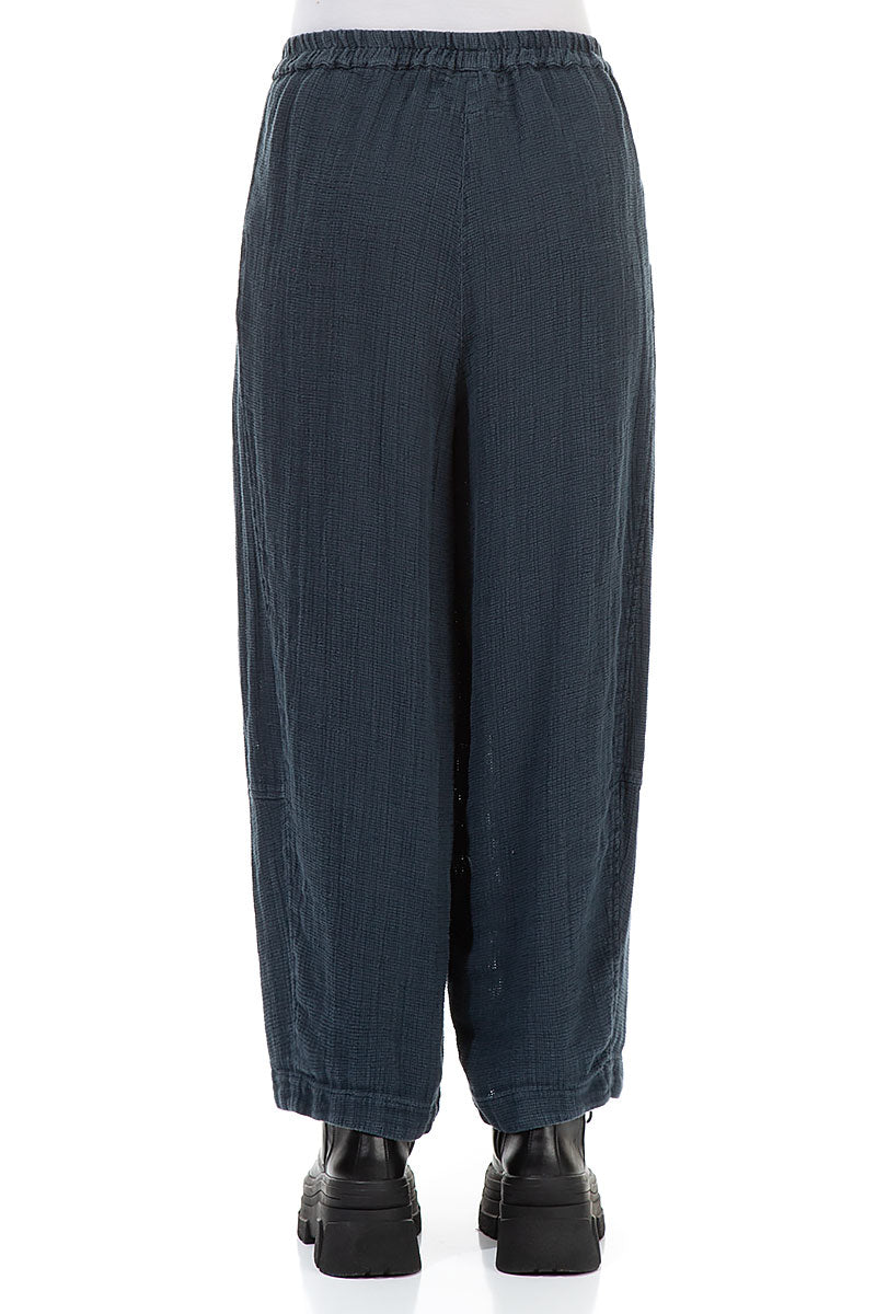 Loose Midnight Blue Textured Linen Trousers 2