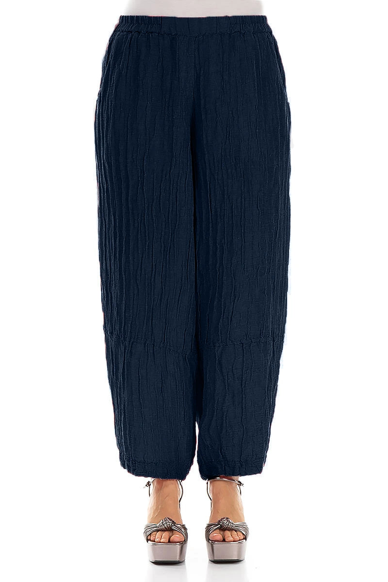 Loose Navy Crinkled Silk Linen Trousers 1