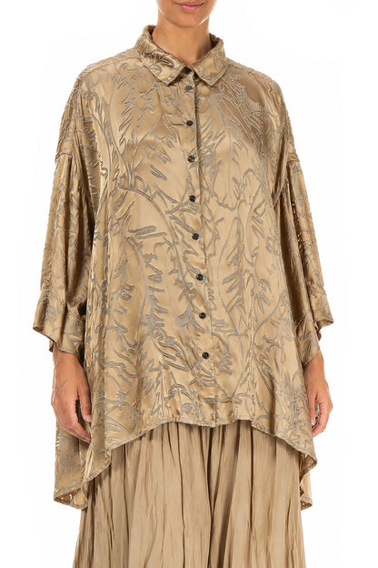 Loose Olive Devoré Feather Silk Shirt