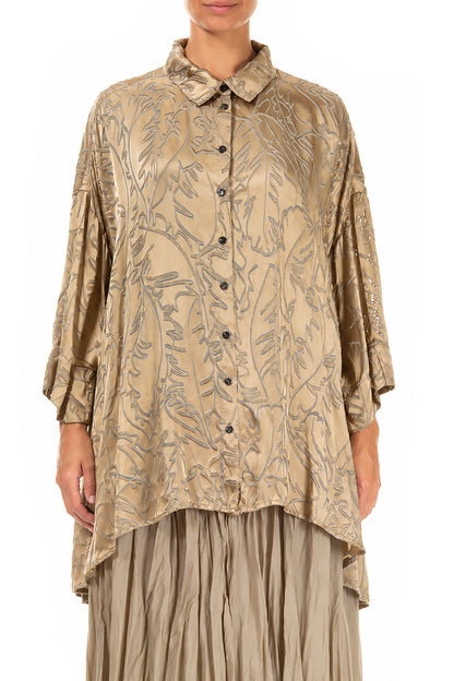Loose Olive Devoré Feather Silk Shirt
