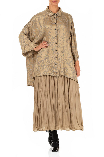 Loose Olive Devoré Feather Silk Shirt