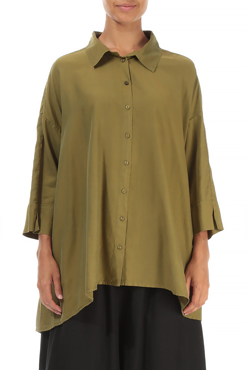 Loose Olive Silk Cotton Shirt 1