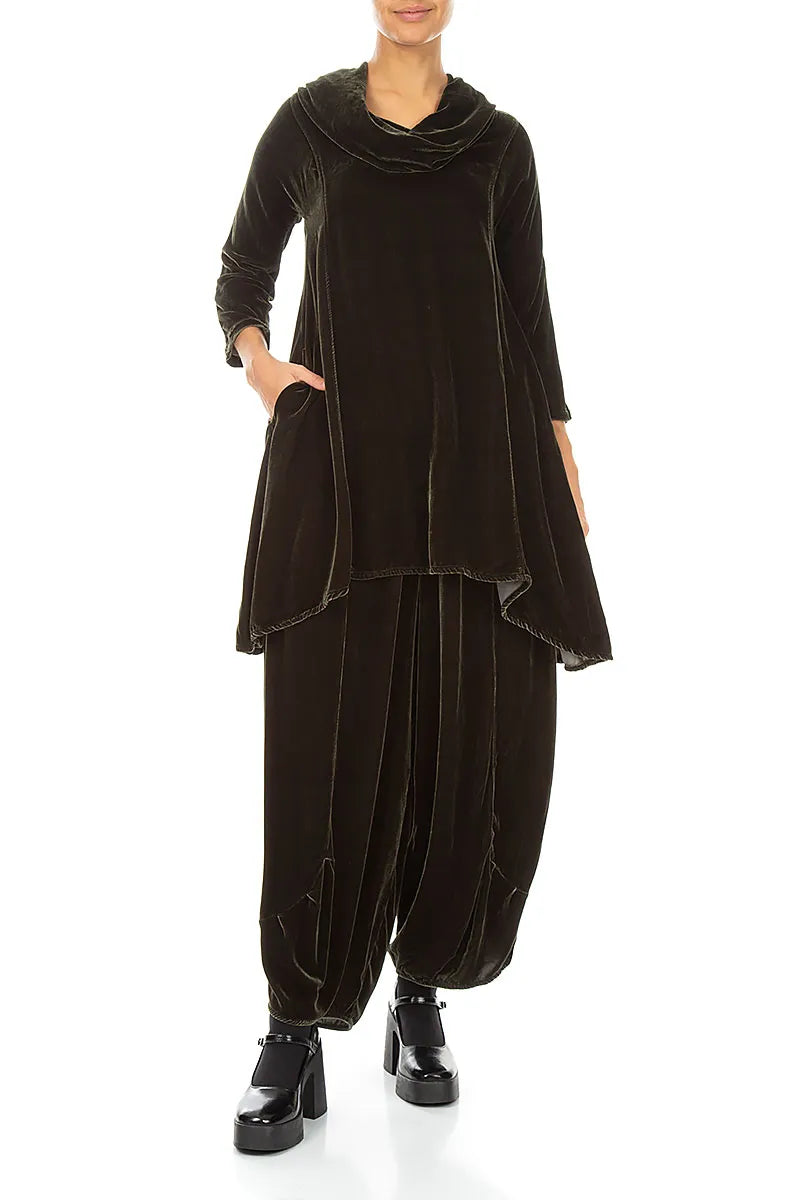 Loose Olive Silk Velvet Trousers 4