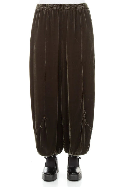 Loose Olive Silk Velvet Trousers 1