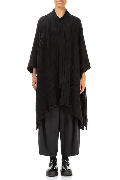 Loose Open Crinkled Black Silk Jacket