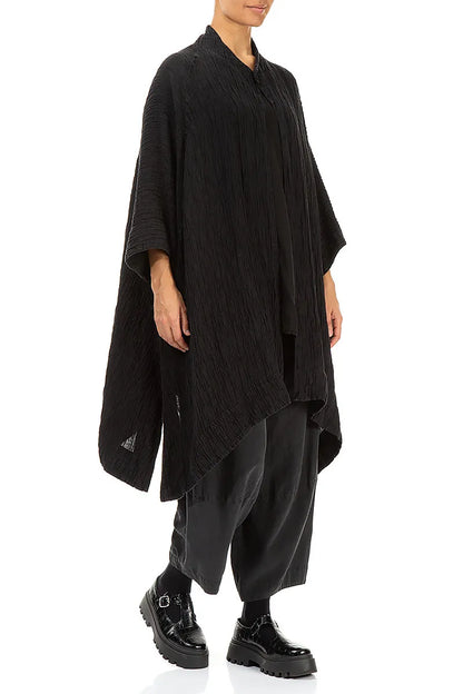 Loose Open Crinkled Black Silk Jacket