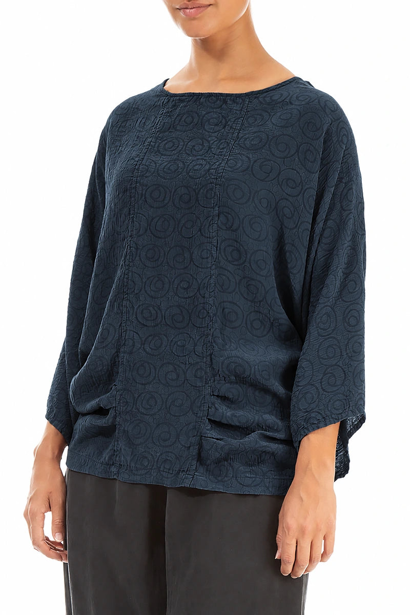Loose Patterned Navy Silk Cotton Blouse 3