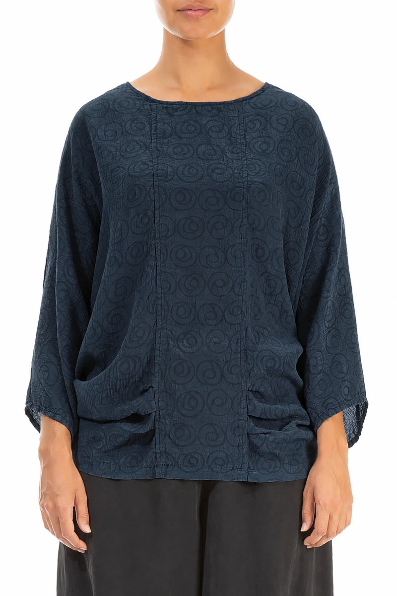 Loose Patterned Navy Silk Cotton Blouse 1