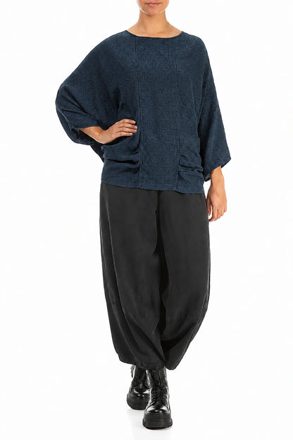 Loose Patterned Navy Silk Cotton Blouse 4