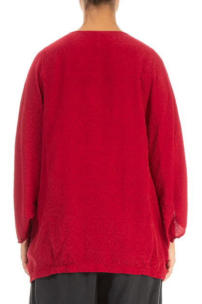 Loose Patterned Red Silk Cotton Blouse 2