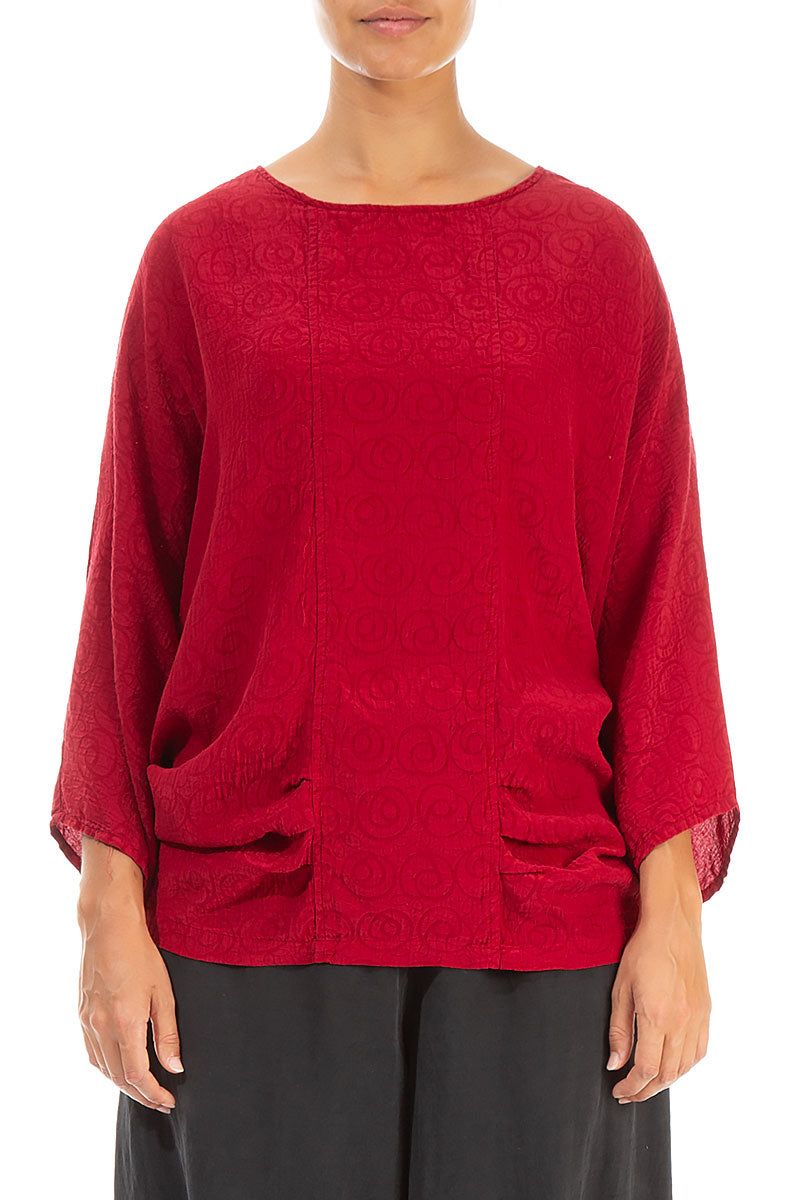 Loose Patterned Red Silk Cotton Blouse 1