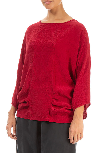 Loose Patterned Red Silk Cotton Blouse 3