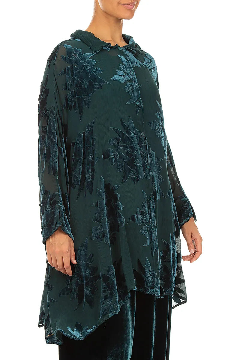 Loose Peacock Devoré Flower Silk Velvet Shirt