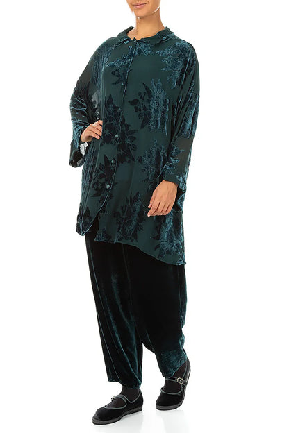 Loose Peacock Devoré Flower Silk Velvet Shirt