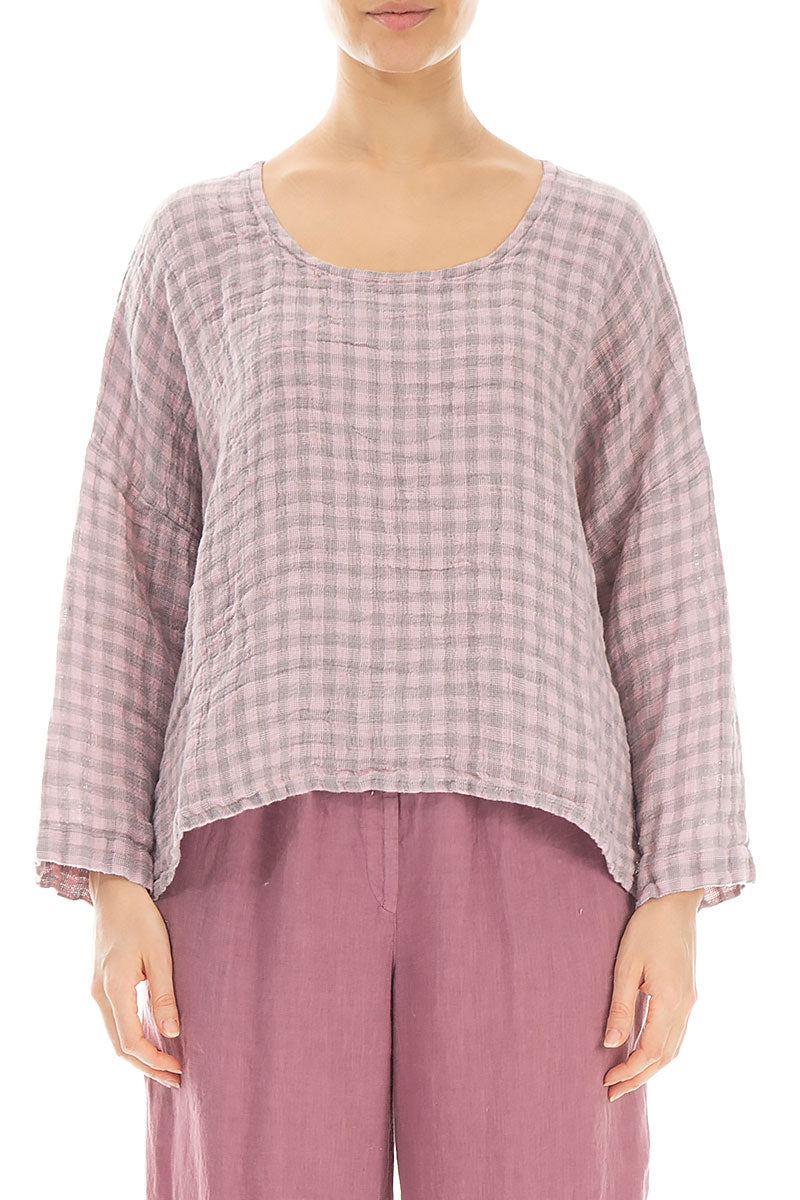 Loose Pink Check Linen Blouse 1