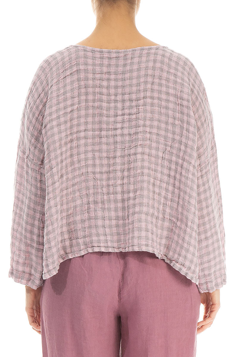 Loose Pink Check Linen Blouse 2