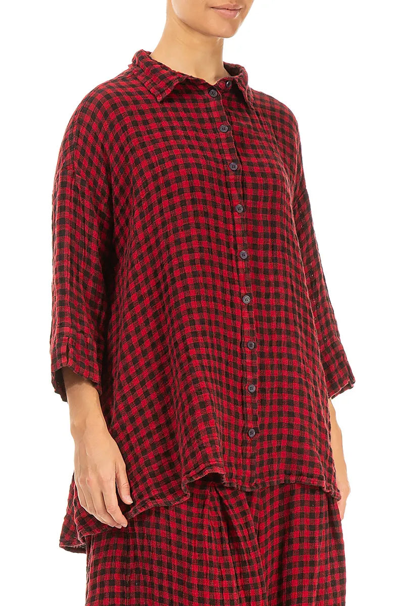 Loose Red Check Linen Shirt 4