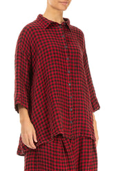 Loose Red Check Linen Shirt 4