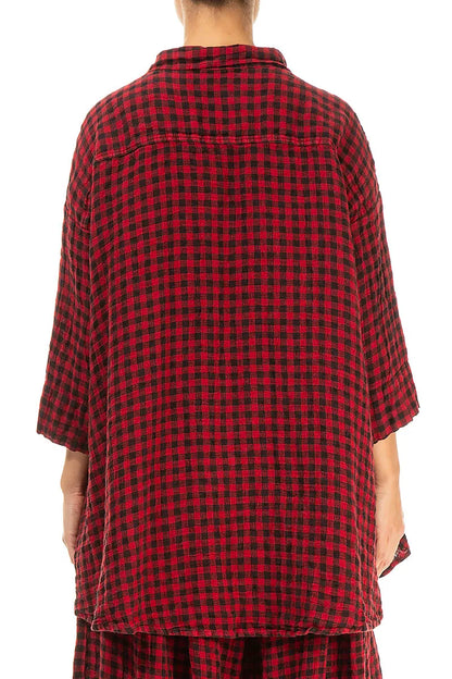 Loose Red Check Linen Shirt 3