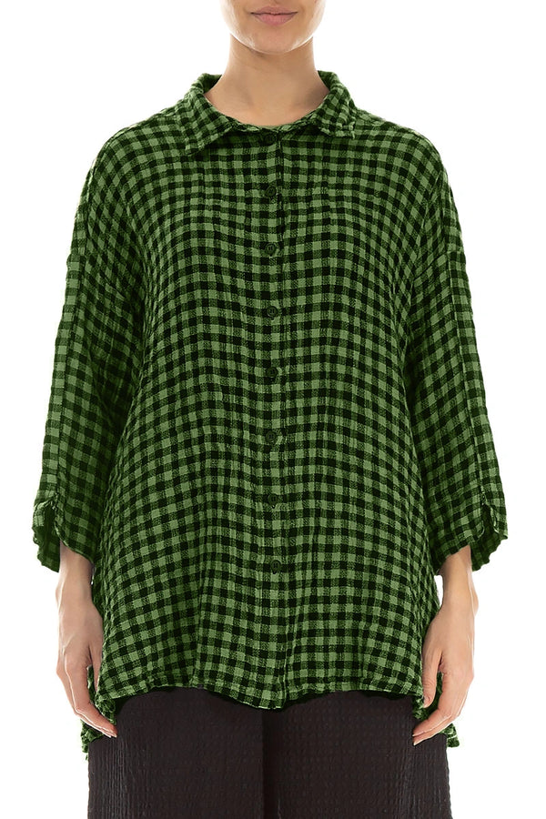 Loose Shamrock Green Check Linen Shirt