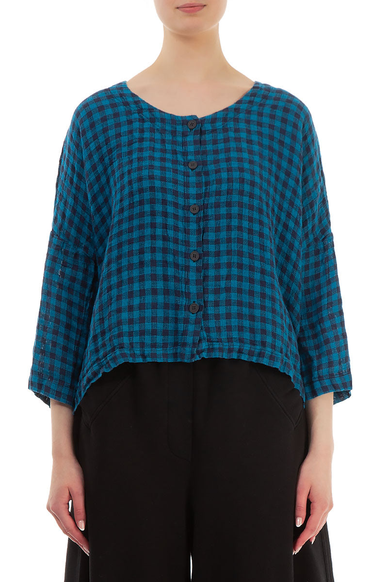Loose Short Blue Check Linen Jacket 1
