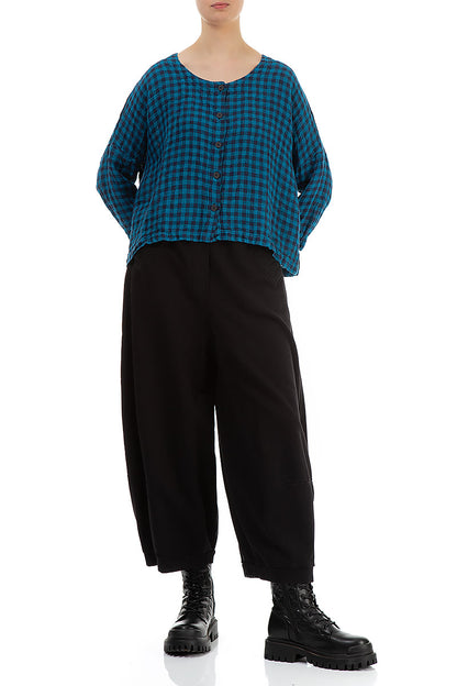 Loose Short Blue Check Linen Jacket 4