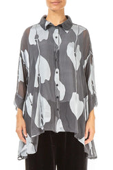 Loose Silver Devoré Leaves Silk Shirt 1