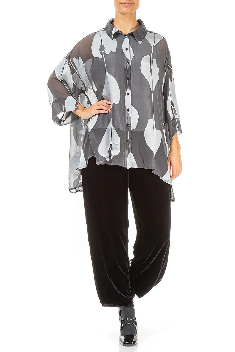 Loose Silver Devoré Leaves Silk Shirt 4