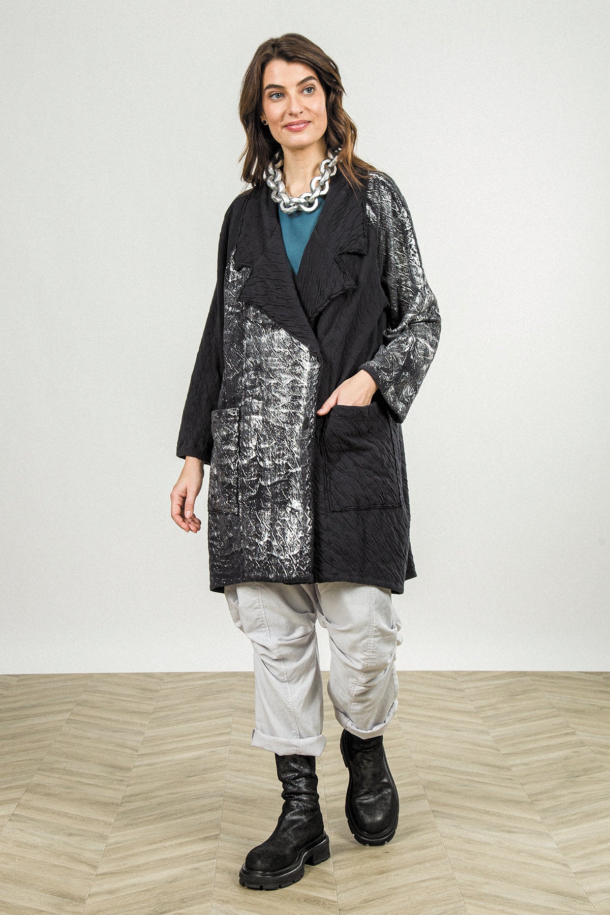 Loose Silver Metallic Grey Wavy Cotton Jacket 9