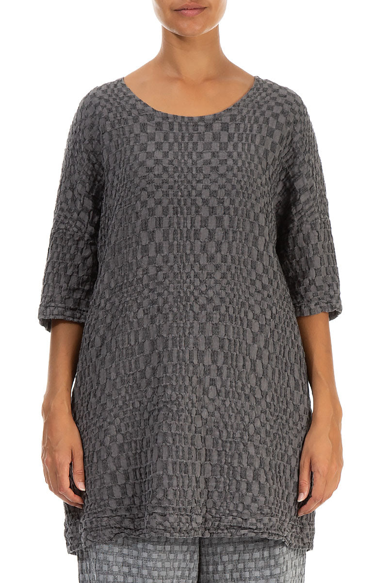 Loose Silver Wavy Check Linen Tunic 1