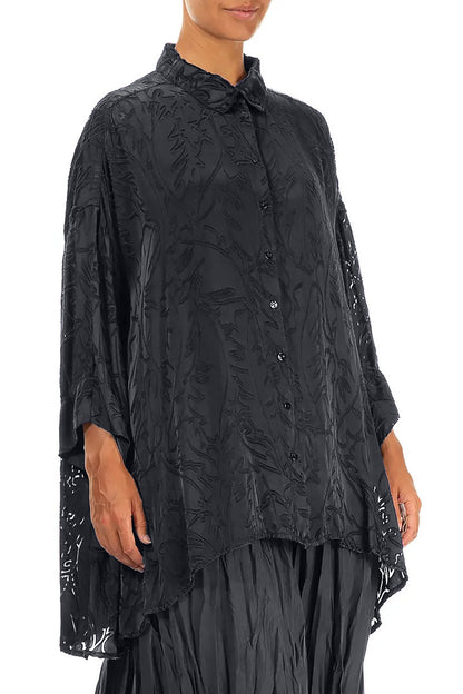 Loose Slate Devoré Feather Silk Shirt