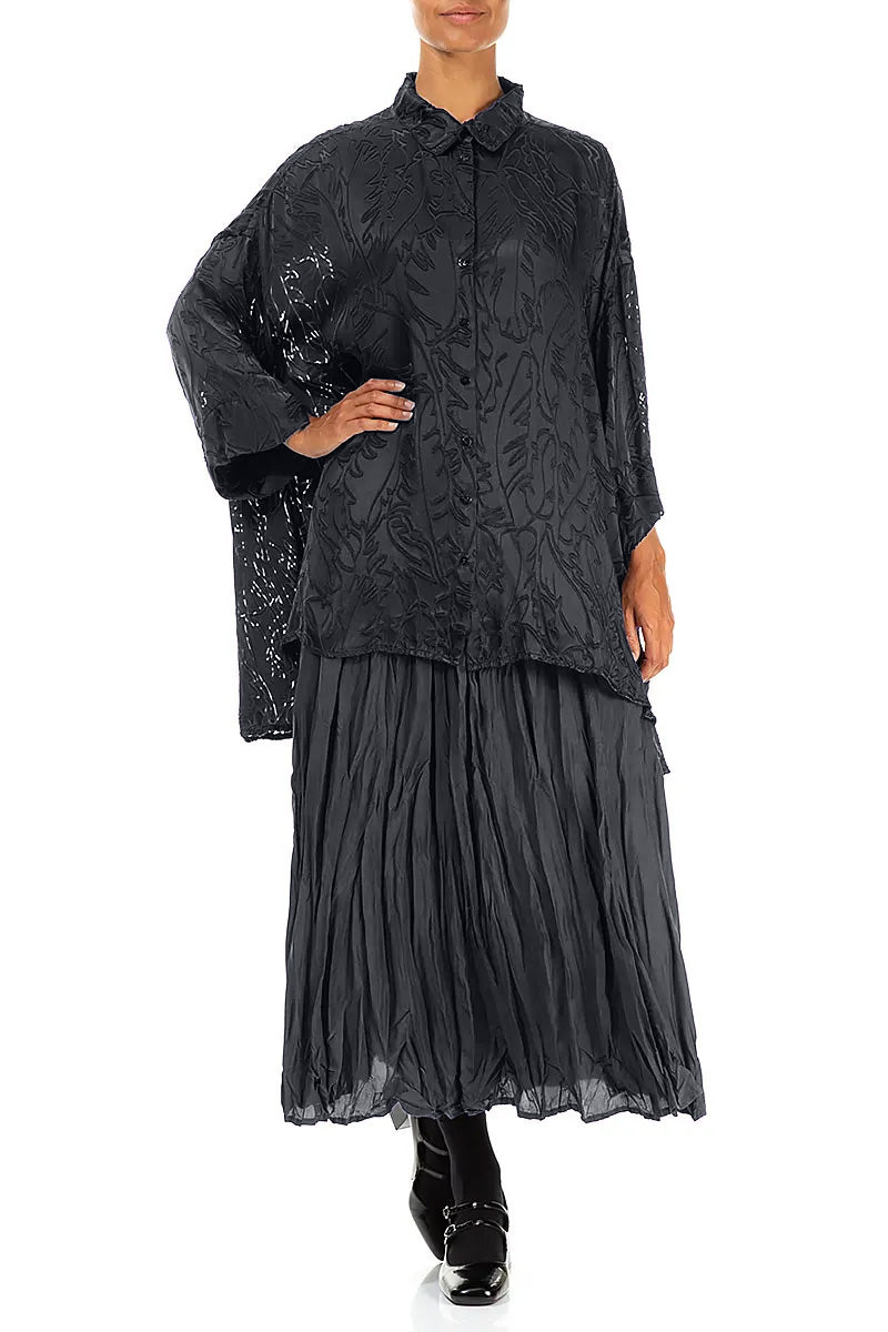 Loose Slate Devoré Feather Silk Shirt