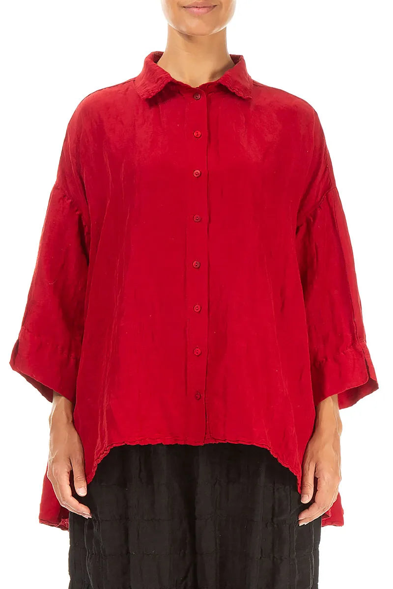 Loose Textured Cherry Red Silk Linen Shirt 1