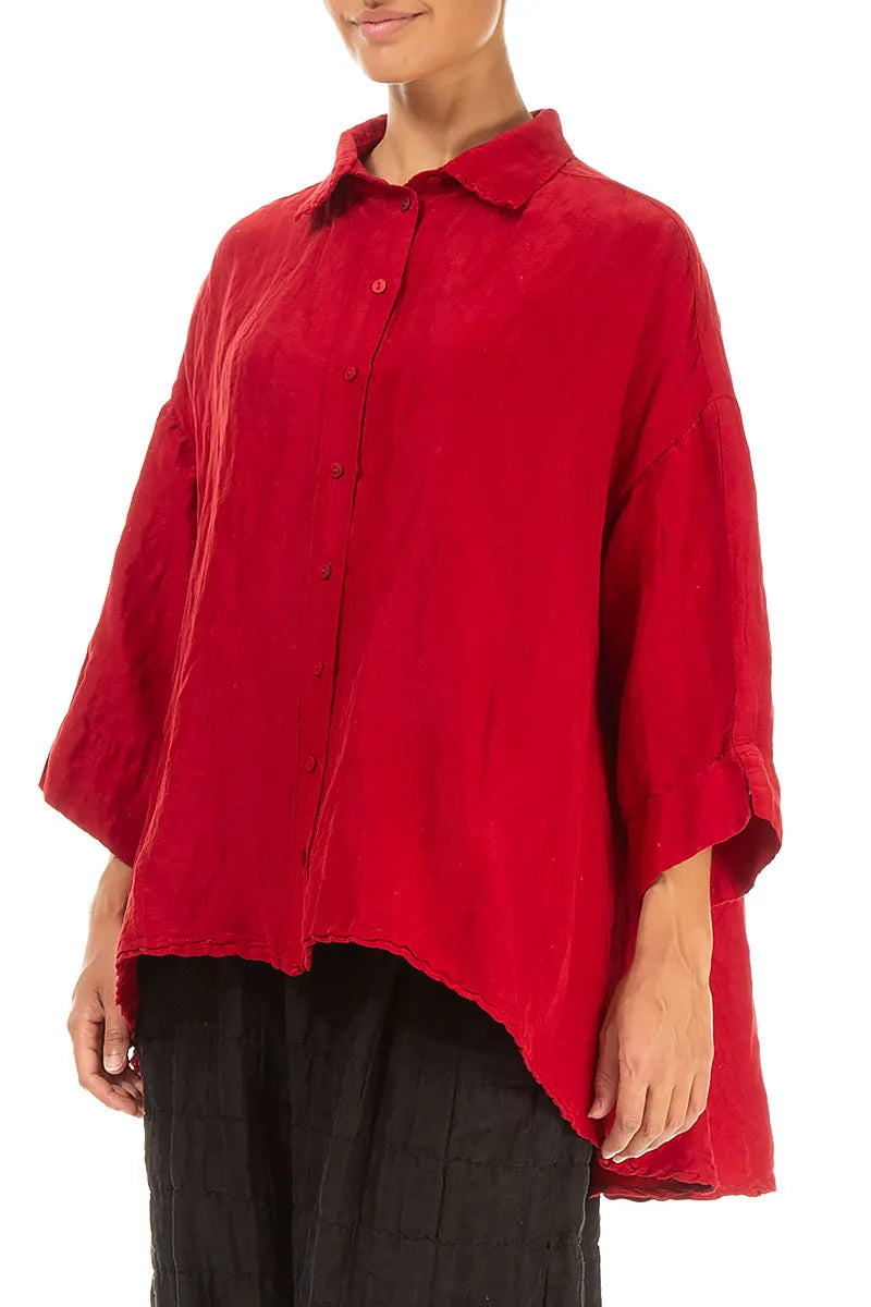 Loose Textured Cherry Red Silk Linen Shirt 3