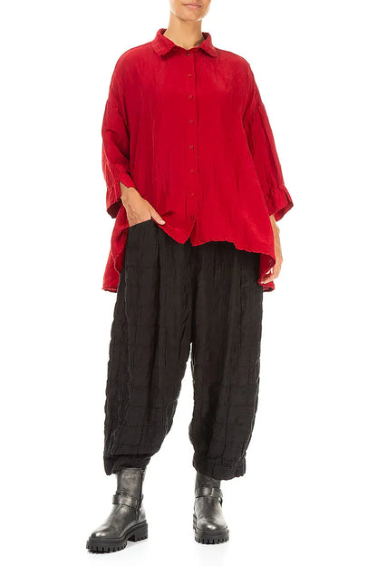 Loose Textured Cherry Red Silk Linen Shirt 4