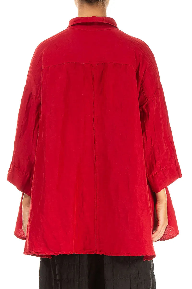 Loose Textured Cherry Red Silk Linen Shirt 2