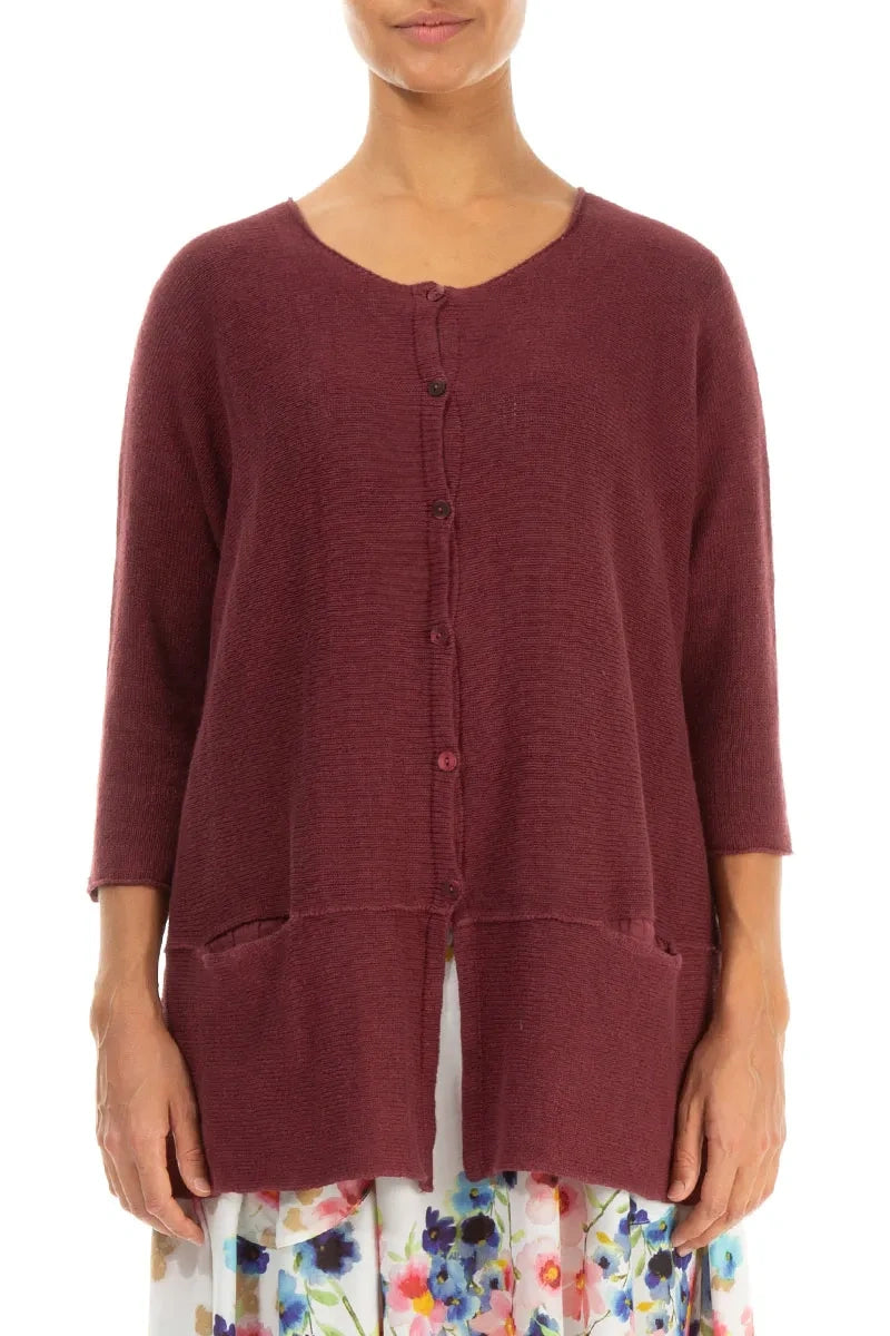 Loose Two Pockets Antique Ruby Linen Cardigan 1