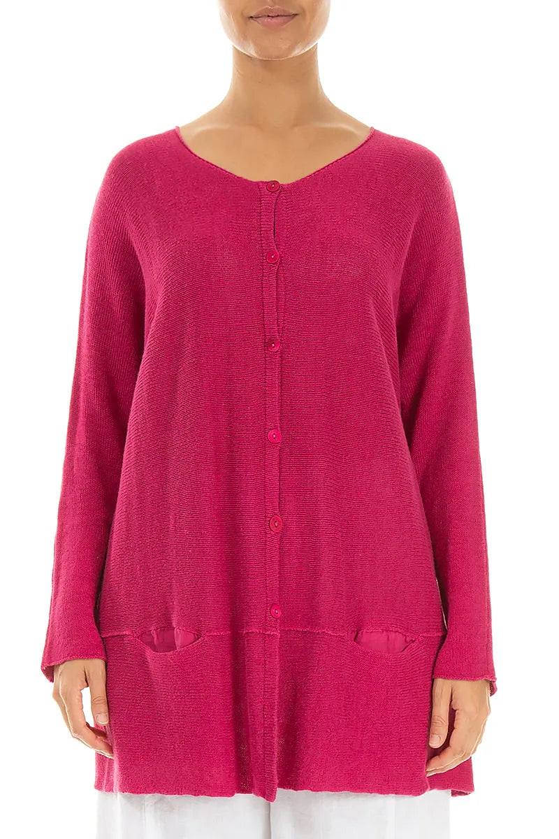 Loose Two Pockets Fuchsia Linen Cardigan