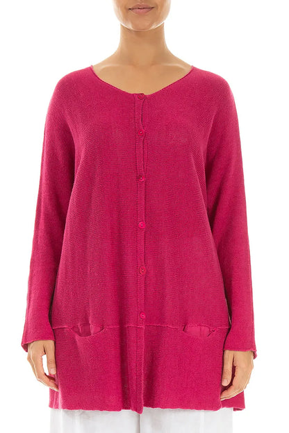 Loose Two Pockets Fuchsia Linen Cardigan