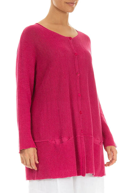 Loose Two Pockets Fuchsia Linen Cardigan