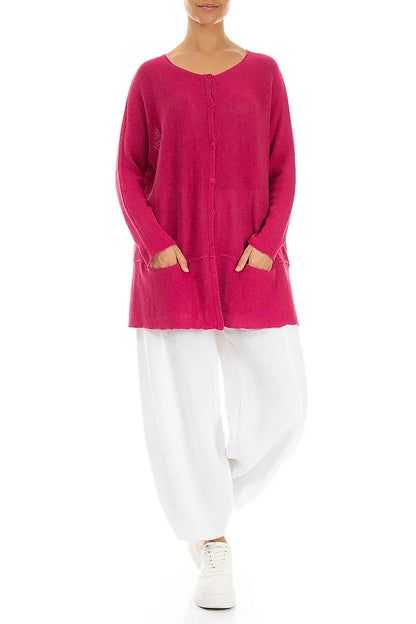 Loose Two Pockets Fuchsia Linen Cardigan