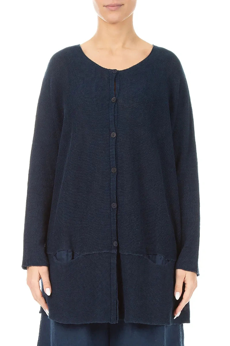Loose Two Pockets Navy Linen Cardigan