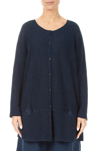 Loose Two Pockets Navy Linen Cardigan