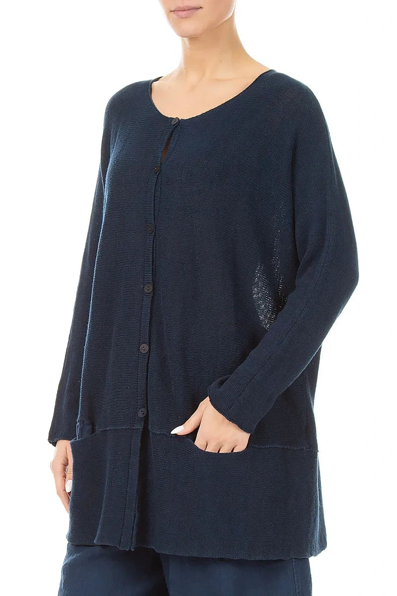 Loose Two Pockets Navy Linen Cardigan