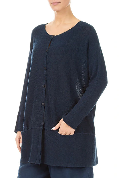 Loose Two Pockets Navy Linen Cardigan