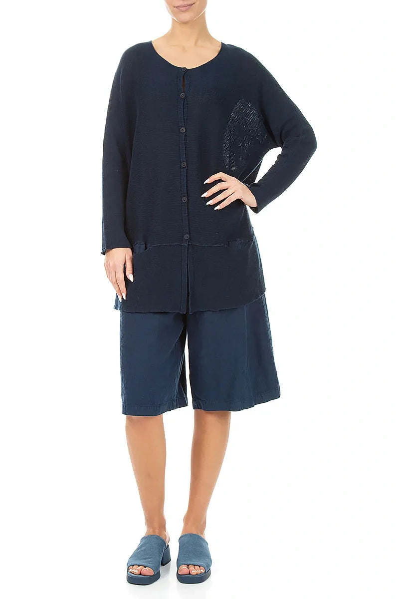 Loose Two Pockets Navy Linen Cardigan