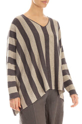 Loose V-Neck Striped Brown Linen Jumper 3