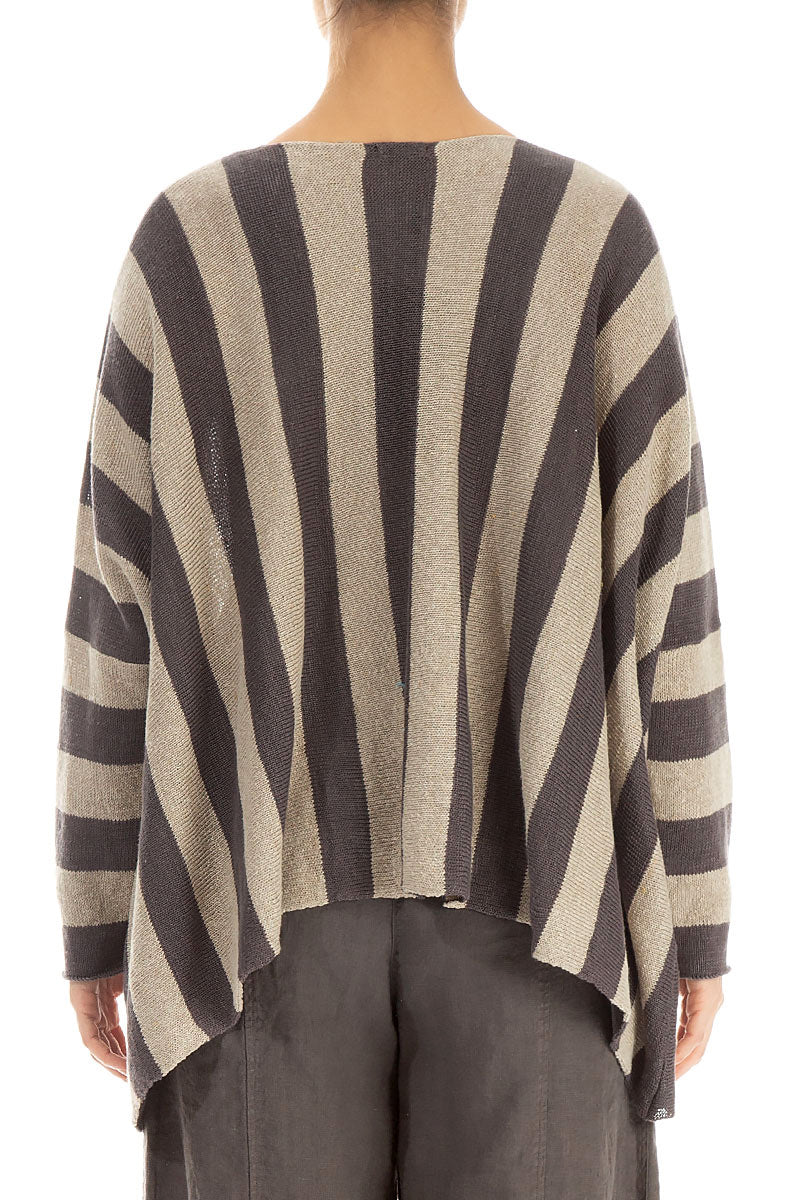 Loose V-Neck Striped Brown Linen Jumper 2