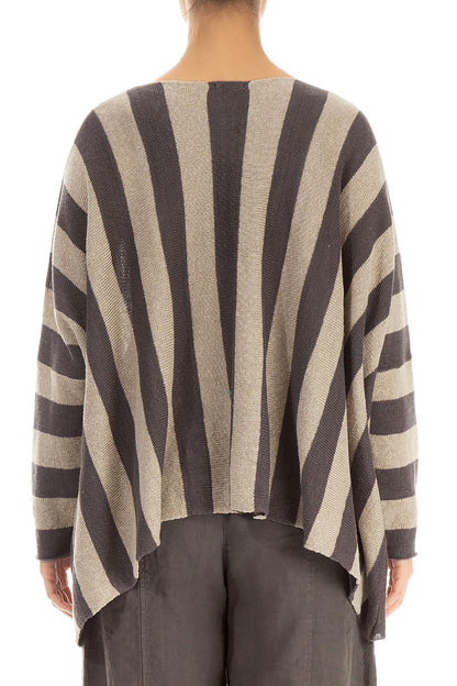 Loose V-Neck Striped Brown Linen Jumper 2